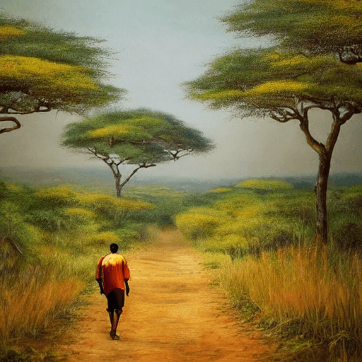 AI generated: A real photographic landscape painting with incomparable reality, a man seen from behind is walking ...