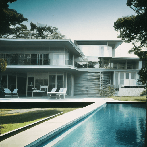 AI generated: Hyper realistic eye level exterior photo of a mid century modern style house overlooking the ocean, ...