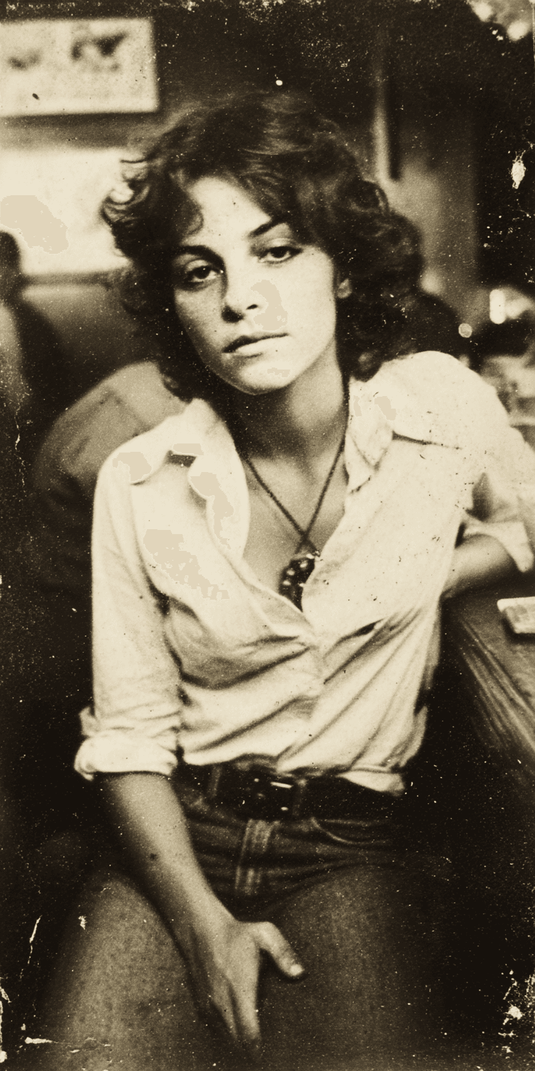 AI generated: woman sitting on a couch, 70's retro, in the style of Polaroid photography --no freckles --chaos 75 ...