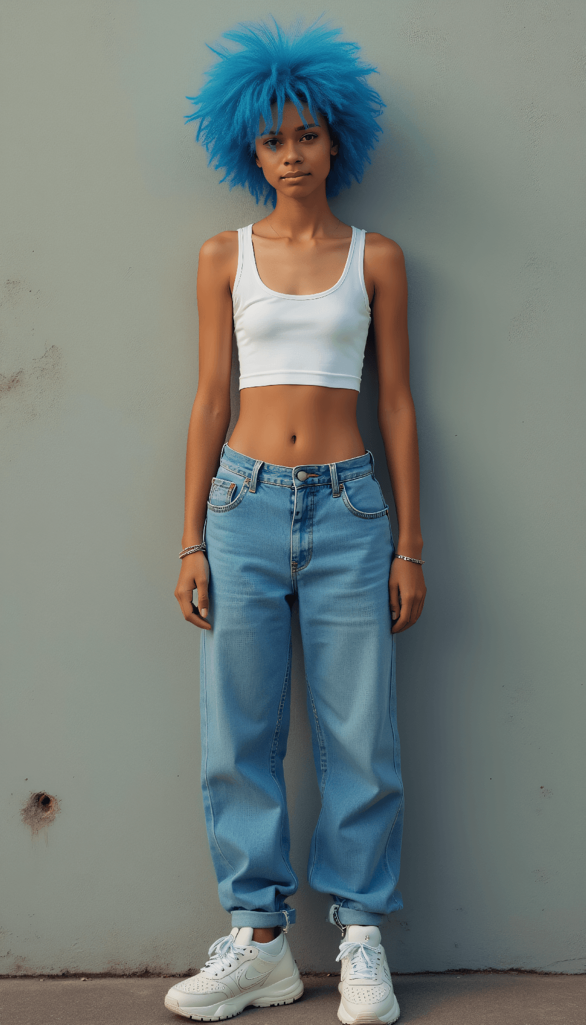 AI generated: art painting Fit young woman with electric blue spiky hair, white crop top, baggy Y2K jeans, chunky ...
