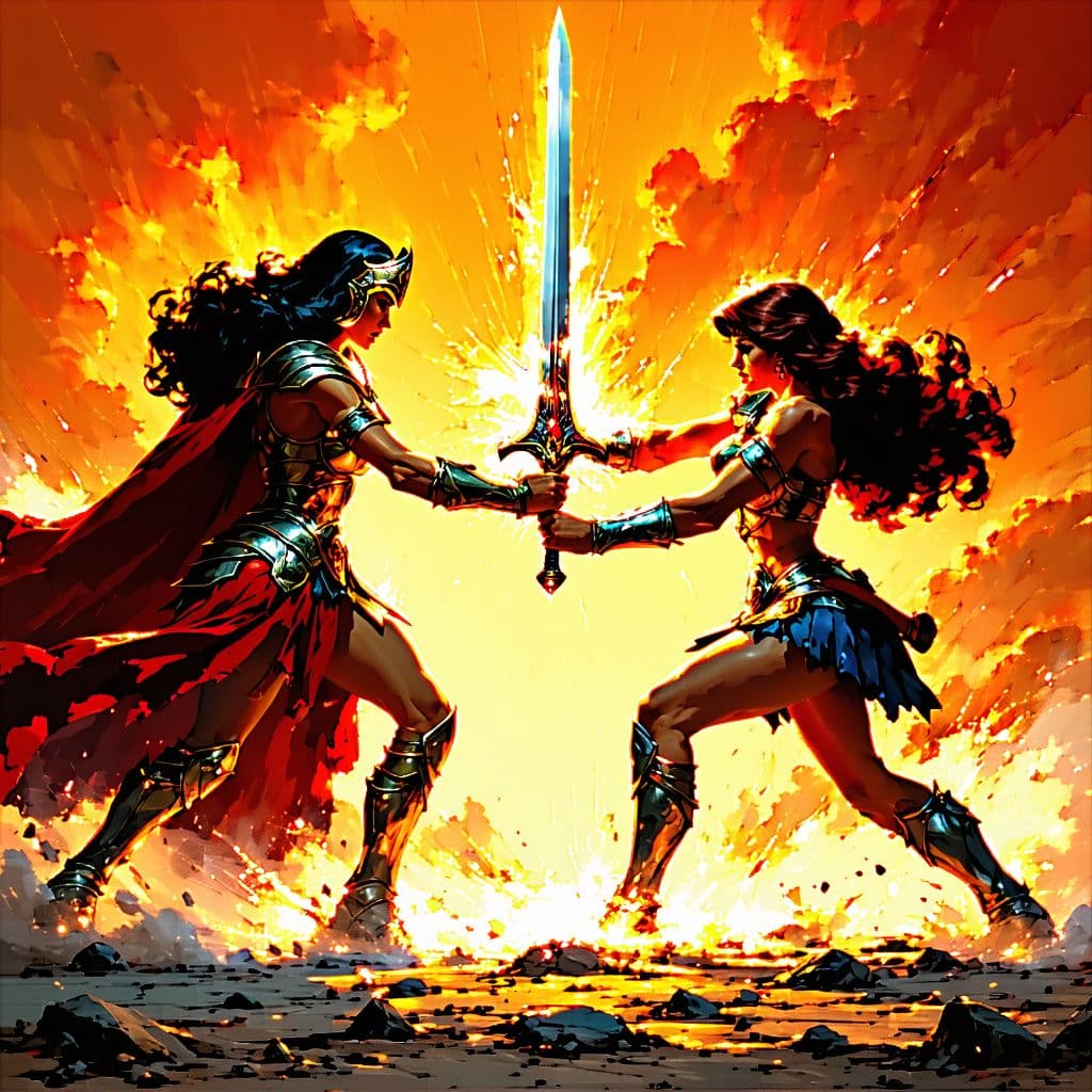 AI generated: 1980s-style fantasy illustration of She-Ra and Red Sonja in a dramatic sword clash, mid-battle, spar...