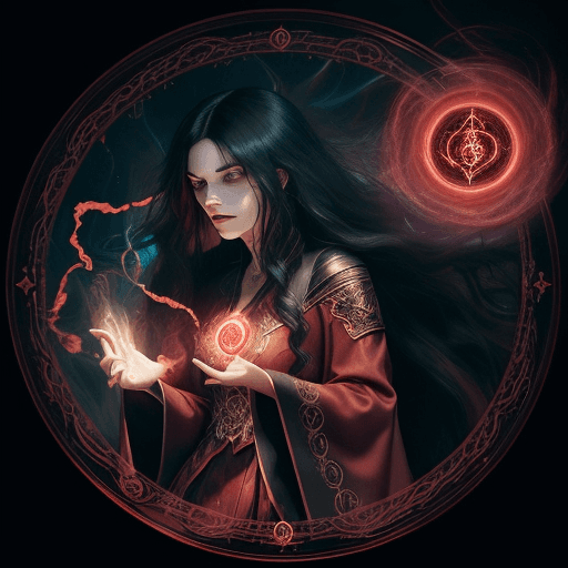 AI generated: A female warlock with long black hair wearing ornate red robes, Casting a Spell, Swirling magical en...