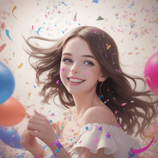 AI generated: photography of beautiful birthday girl with smile, confetti floating around, 8k, photo realism, --ar...