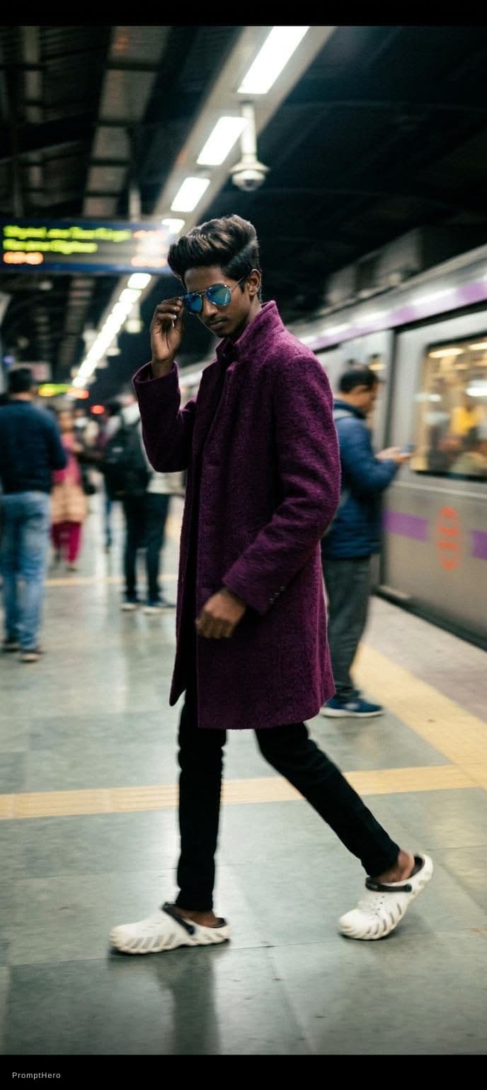 AI generated: fashion editorial photography, motion blur, male model, wearing an wool coat, deep purple color, wal...