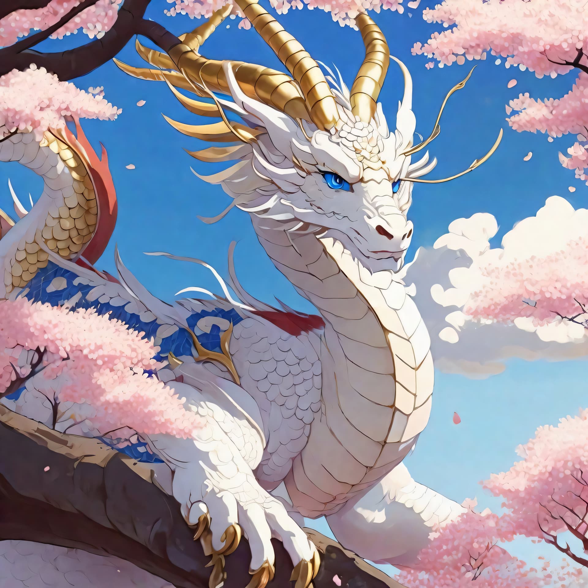 AI generated: a chinese dragon gazing out over the horizon, two horns, detailed scales, detailed eyes, (white and ...