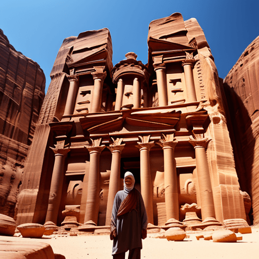 AI generated: a Bedouin standing in front of Petra in Jordan  looking at it