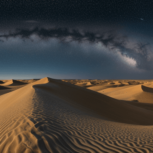 AI generated: A panoramic photo of a vast desert landscape with wind-sculpted sand dunes under a starry night sky.