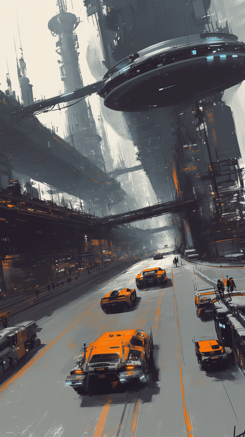 AI generated: illustration, concept art style, dynamic view, future city with massive cars and gigantic structures...