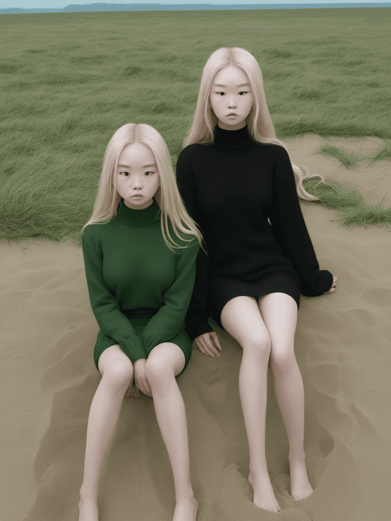 AI generated: a couple of women sitting on beach sand, inspired by Ren Hang, tumblr, standing in grassy field, bla...