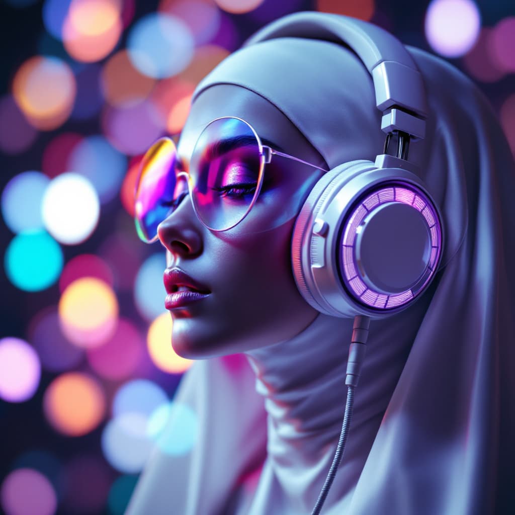 AI generated: 
nun with plastic,  white glossy disco style headphones on , medium close up. 3d, bokeh background
