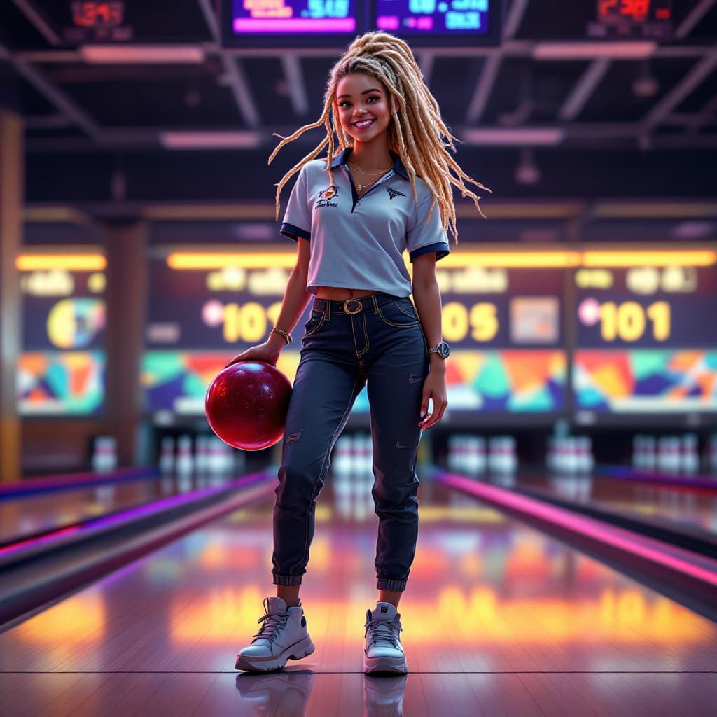 AI generated: girl, happy, beautiful medium blonde hair, dreadlocks, best girl hair, bowling, girl is standing, 10...
