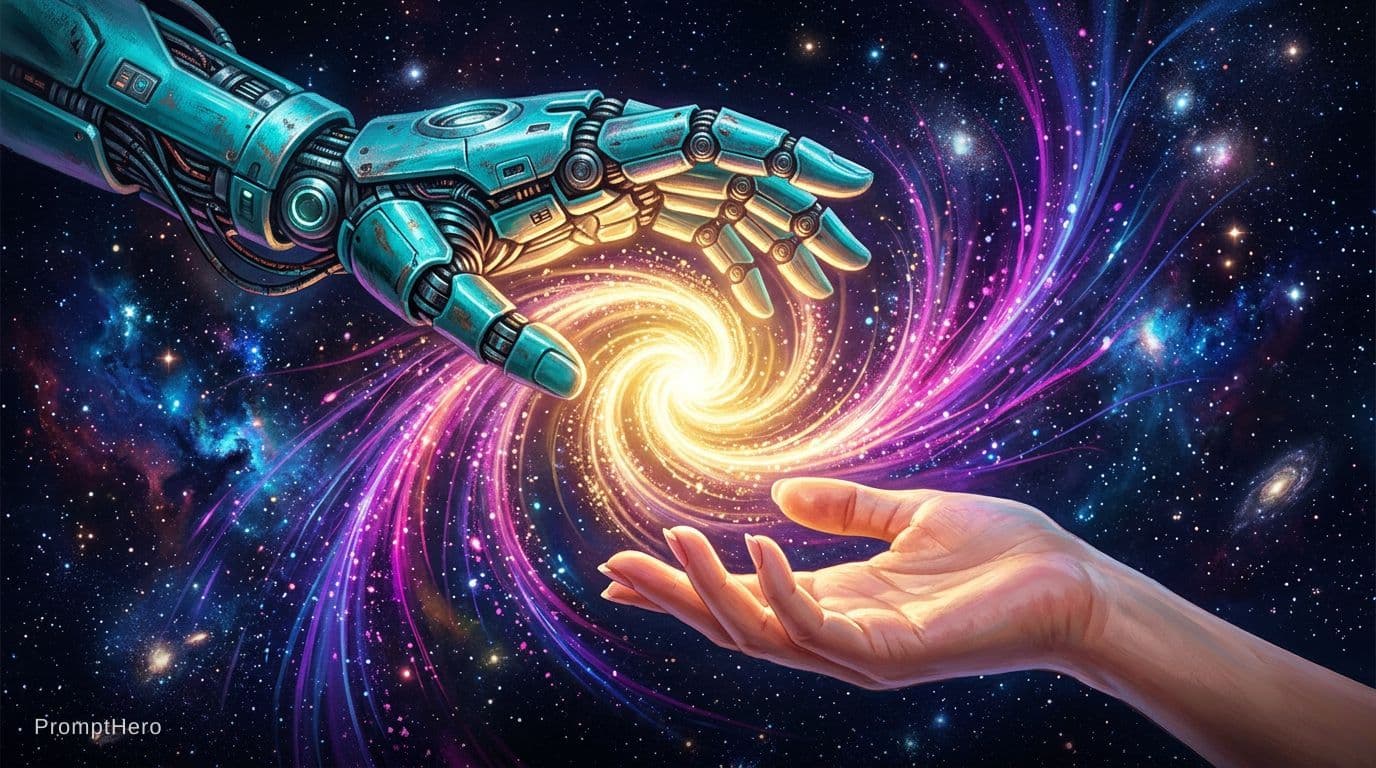 AI generated: 2 Hands. Hand 1: Robot hand, colour turquois metal, relaxed open palm downward. Hand 2: Human, femal...