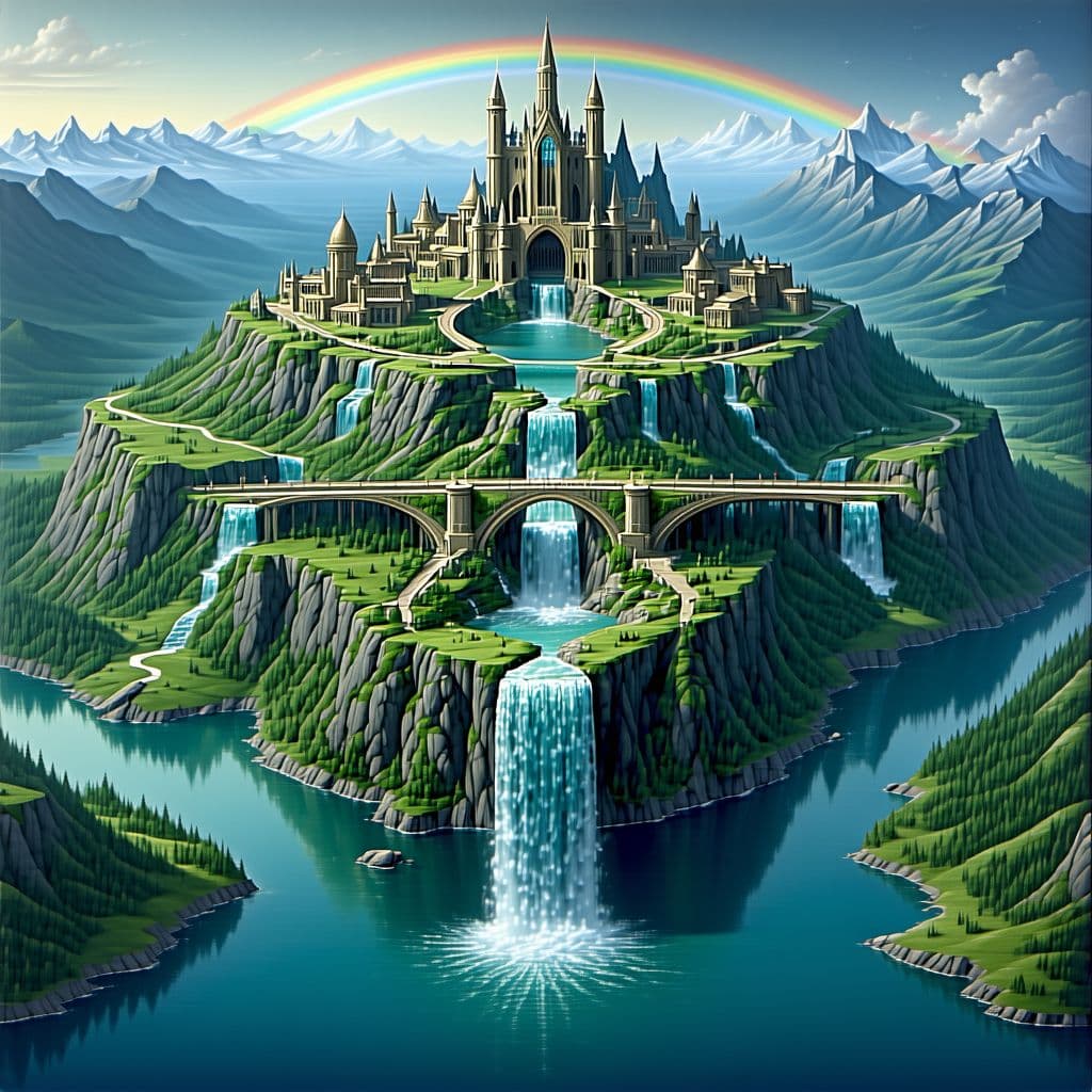 AI generated: Hyper realistic elaborate vision of Asgard, the home of the Æsir gods, including Thor and Odin. It's...