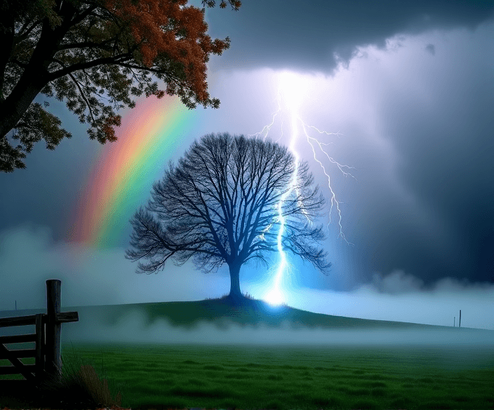 AI generated: Create a moody and dramatic image of a thunderstorm, lightning hitting a tree and a rainbow.
The sk...