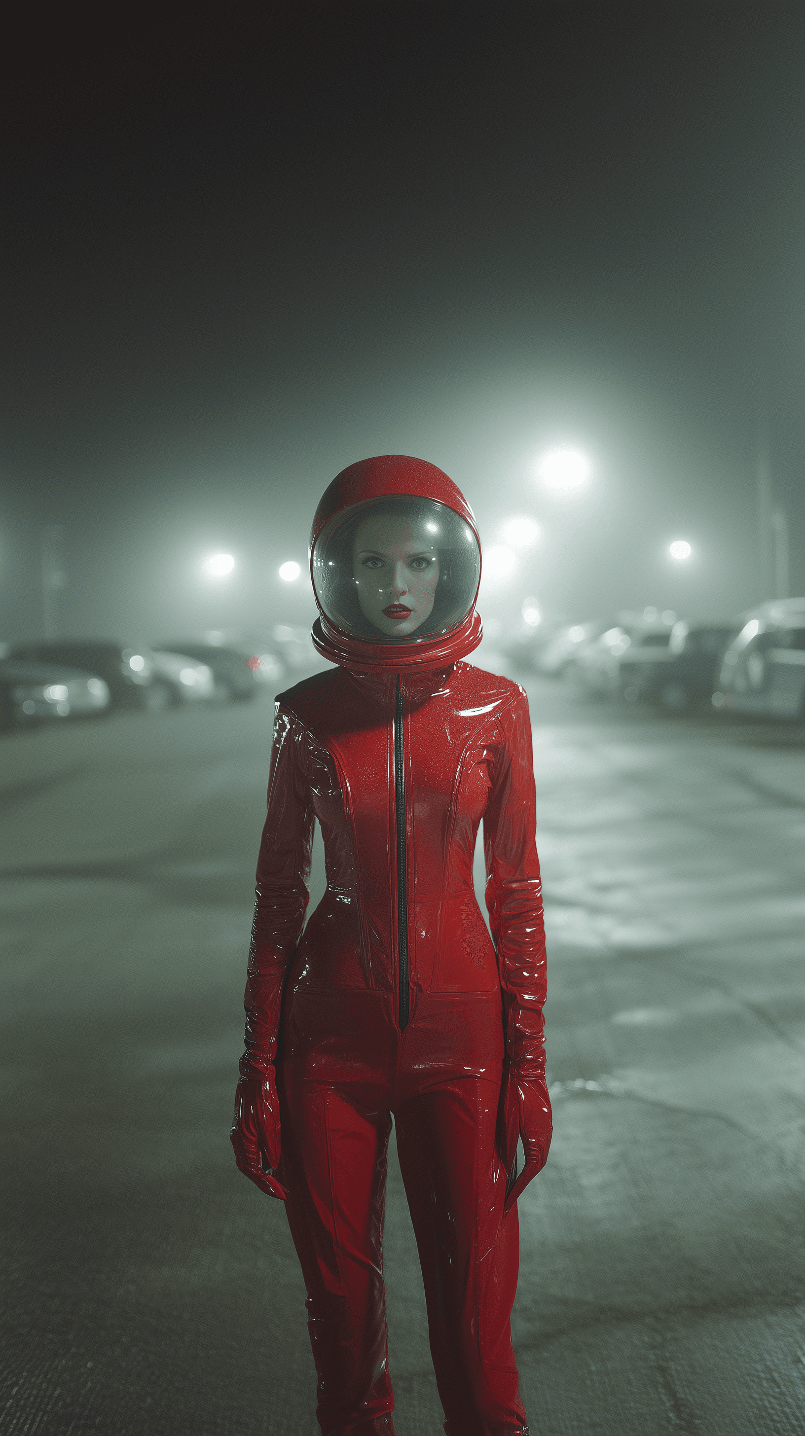 AI generated: photography, woman model, serious look, front central view, wearing an among us game character costu...