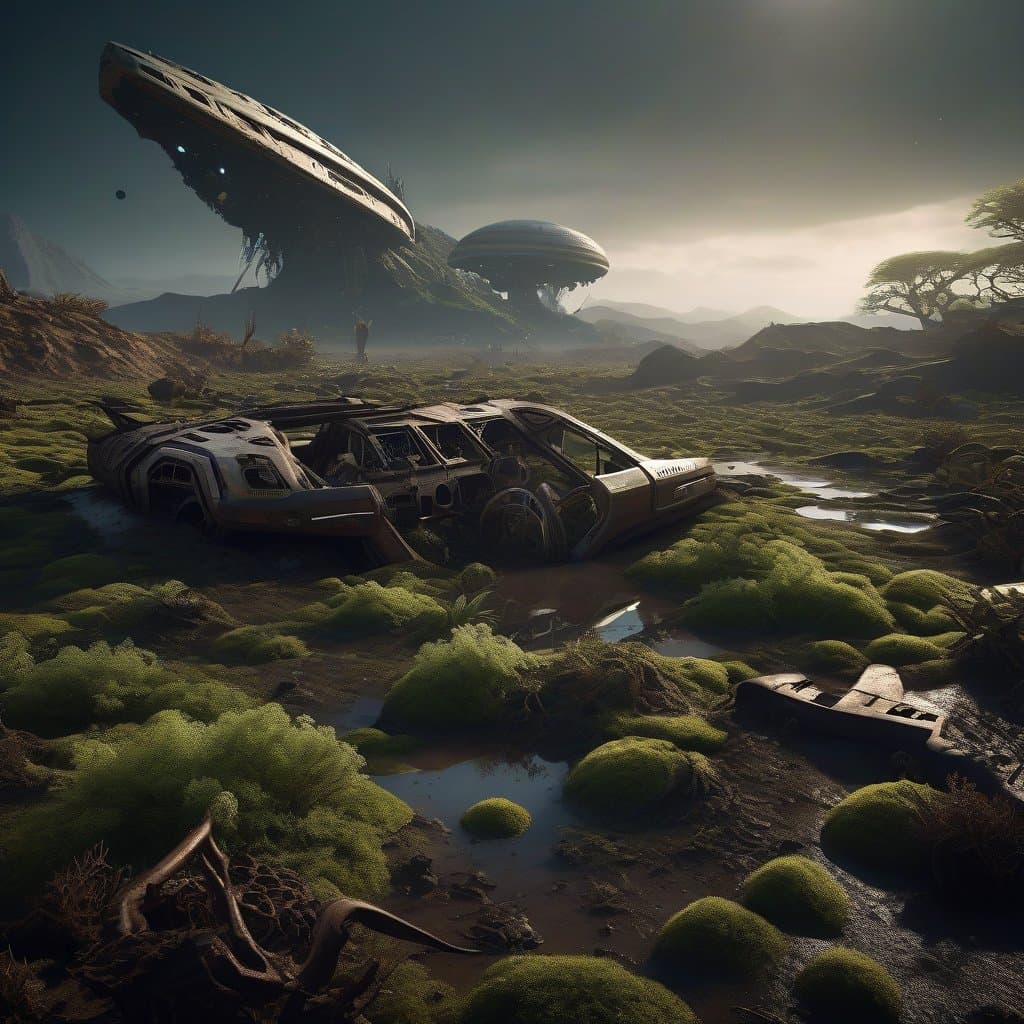 AI generated: highly detailed wreckage of mile-long ancient [horseshoe:spaceship:0.2] crash landed on alien planet...
