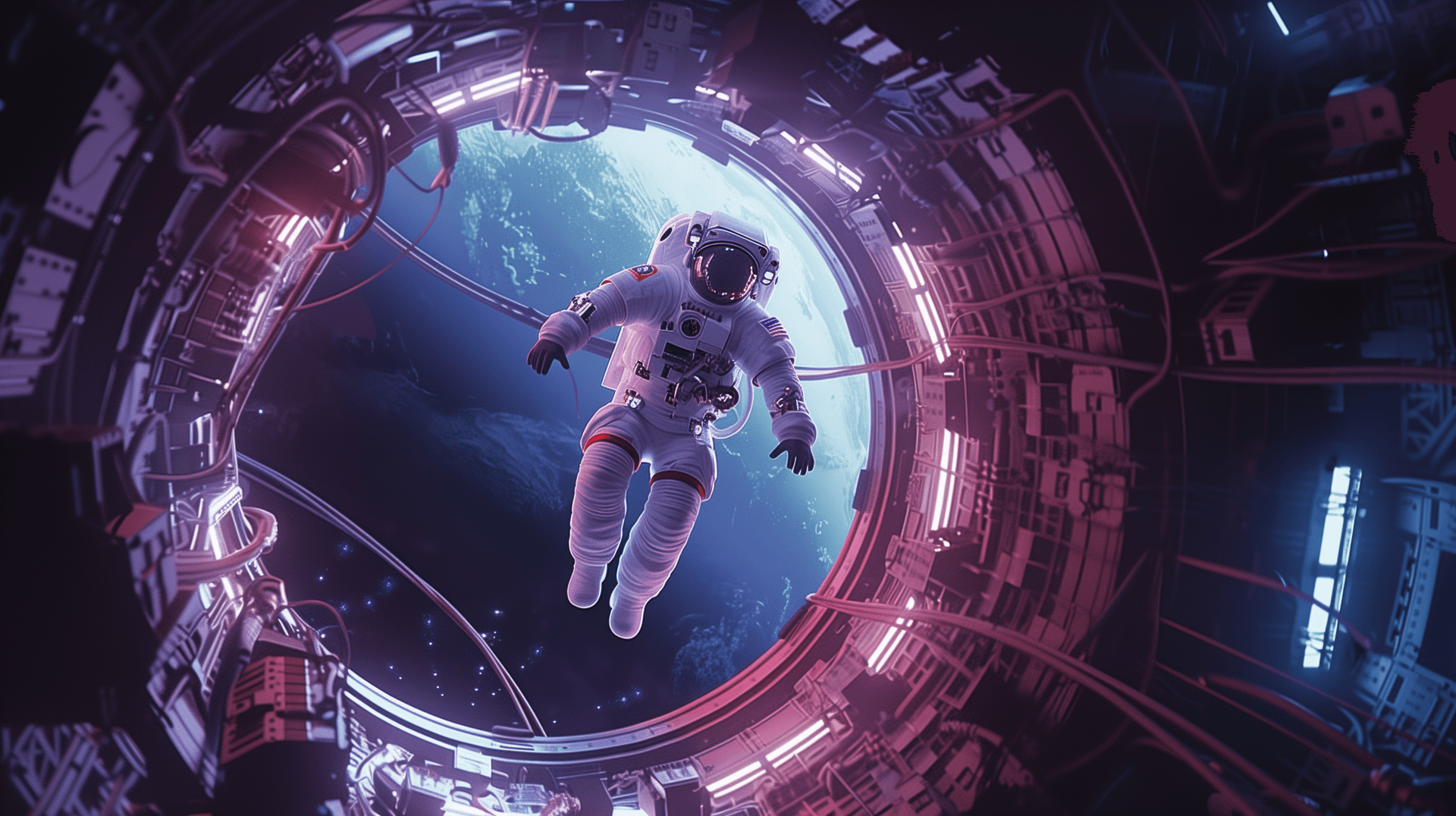 AI generated: An astronaut floating in the center of an enormous circular metallic structure, with cables and pane...