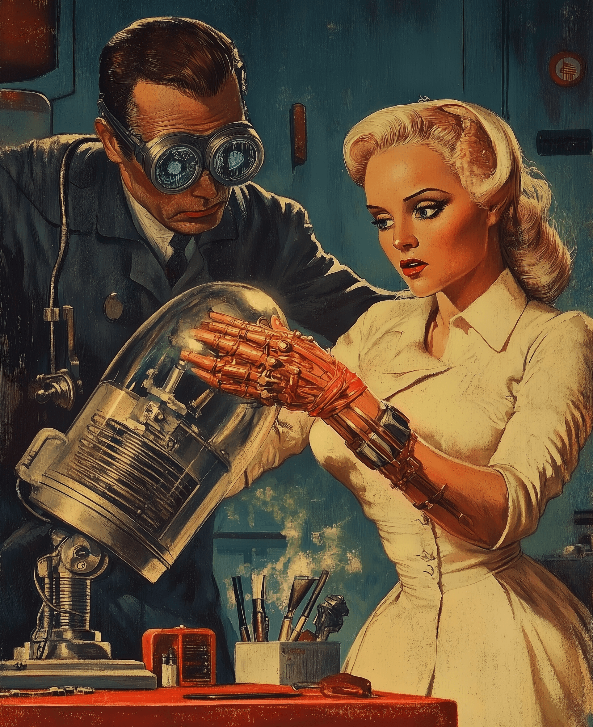 AI generated: a vintage pulp cover of an evil scientist doing bionic frankenstein woman's arm, 50s magazine illust...