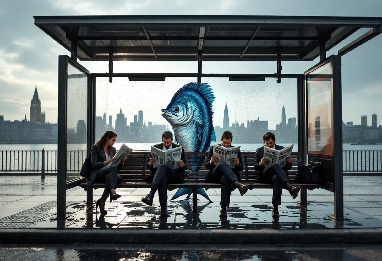 AI generated: wide shot photography of a half human half fish,looking sideways to the horizon, standing on a bus s...