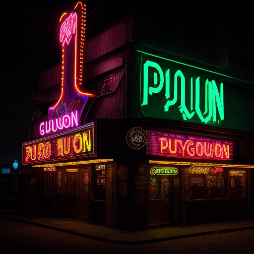 AI generated: Shadowrun front view of bar puyallup named "gorgon 2" broken neon on the sign