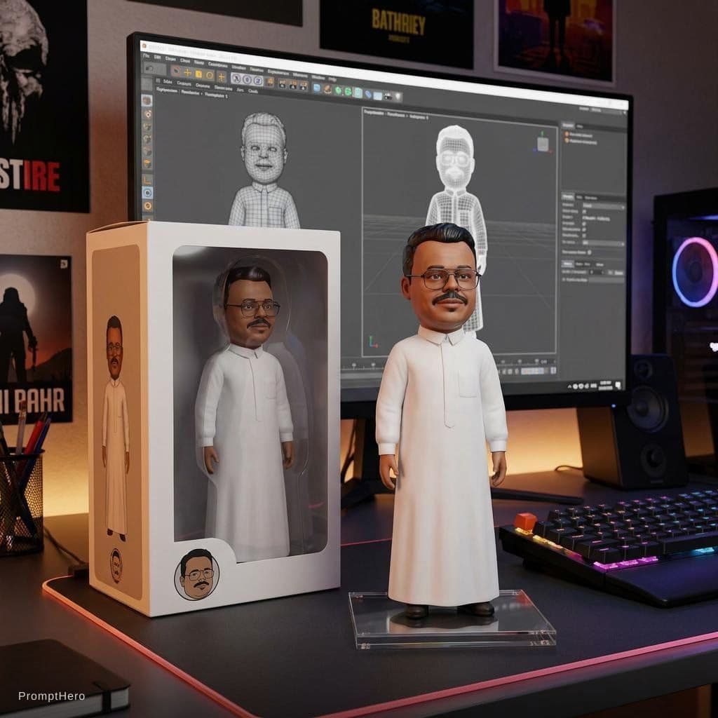 AI generated: Transforming the photographed person into a realistic 3D figurine in front of a computer desk. The c...