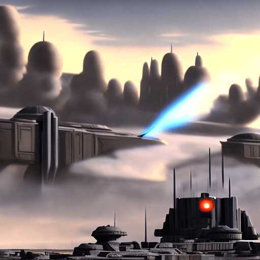 AI generated: Hyper realistic eye level exterior photo of battle of Mandalore siege from star wars. Some smoke in ...