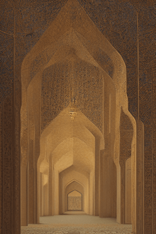 AI generated: Persian architecture, temple volume atrium light full of rose, hanging gardens, architecture in Isfa...