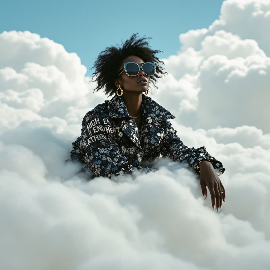 AI generated: A photo of an eccentric black woman sitting on top of white fluffy clouds wearing big Tom Ford sungl...