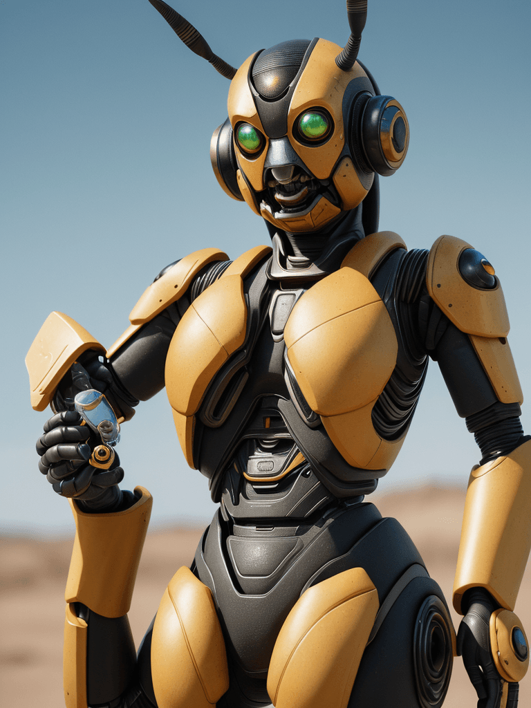 AI generated: portrait of biorobotic and armed bee, 8k full HD, low angle, unreal engine 5, cinematic, masterpiece...