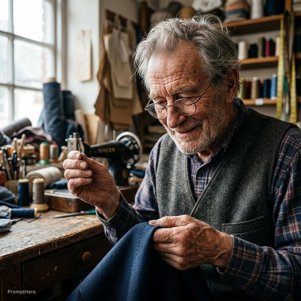 AI generated: A hyper-realistic close-up portrait of an elderly artisan tailor with deeply wrinkled skin and a kin...