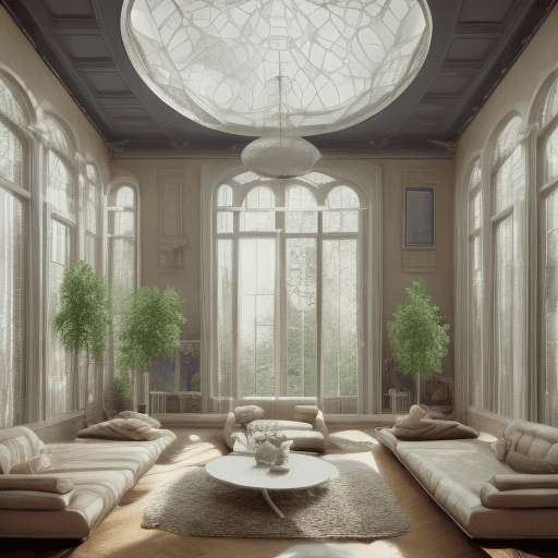 AI generated: High resolution photography interior design, dreamy sunken living room conversation pit, wooden floo...