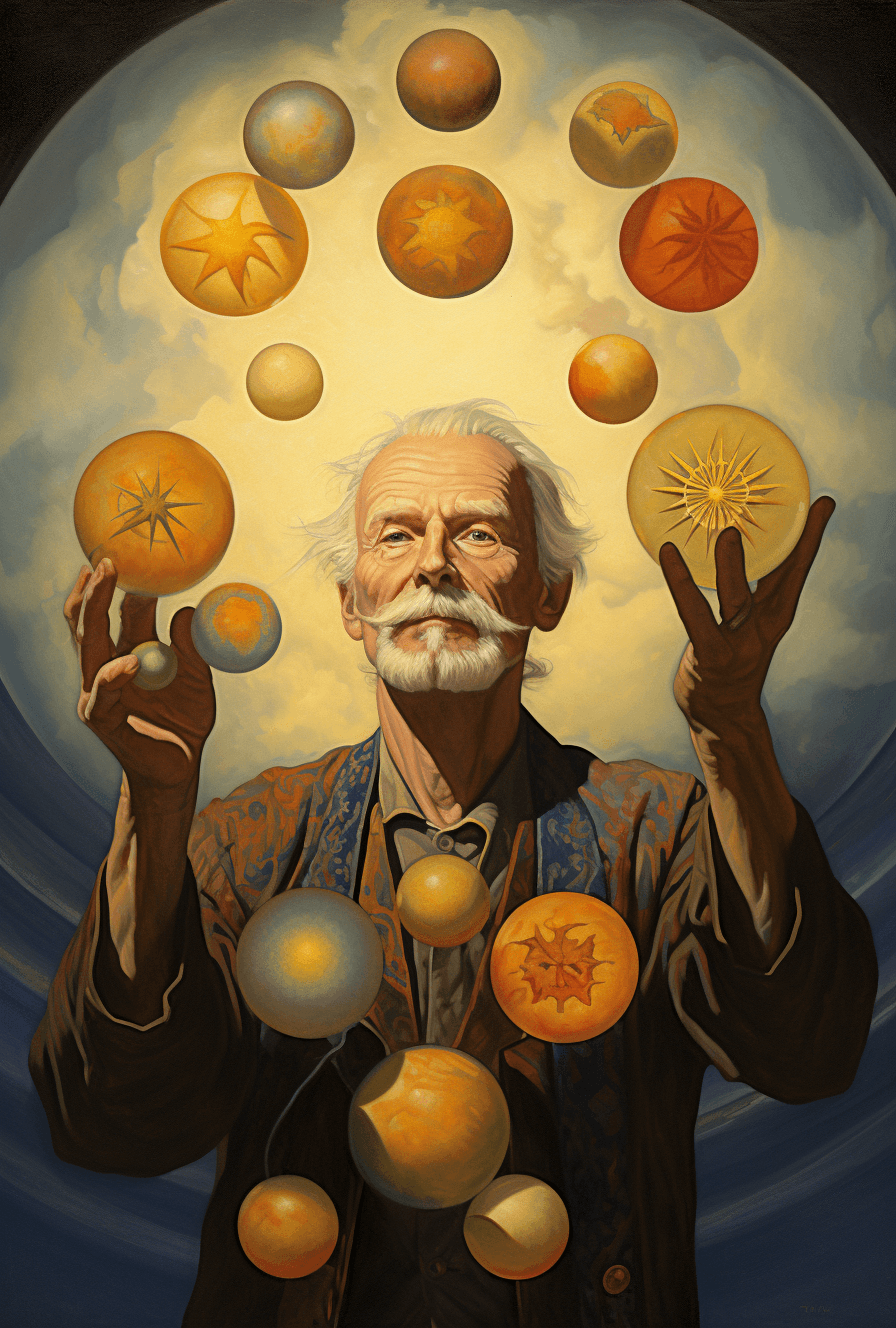 AI generated: A sun with the face of an old man juggling planets, in the style of Louis Wain and Maxfield Parrish ...