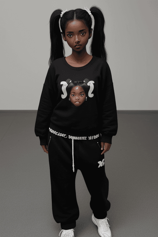 AI generated: a beautiful dark-skinned girl with black pigtails stands in black sweatpants, and white sneakers, wi...