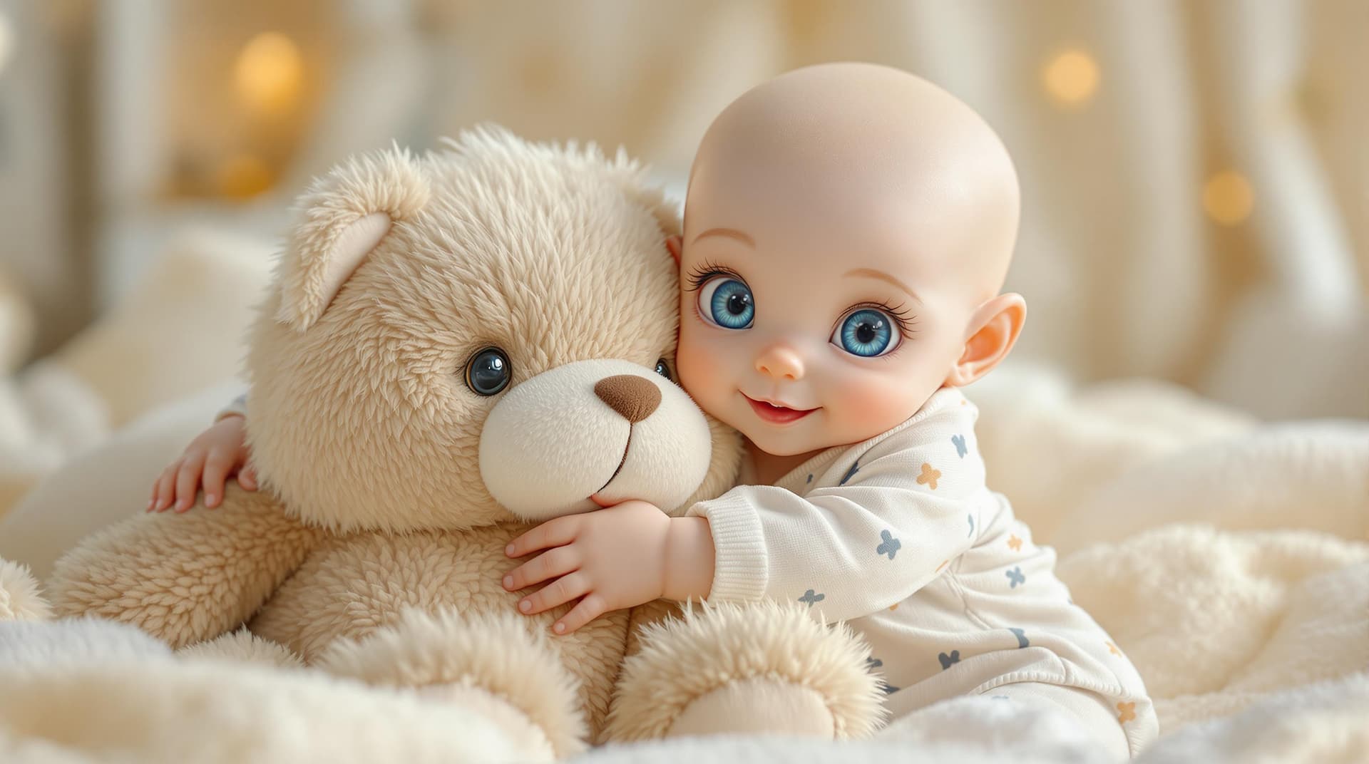 AI generated:  a beautiful and cute alien babie with bright blue eyes, wearing adorable pyjamas, hugging and playi...