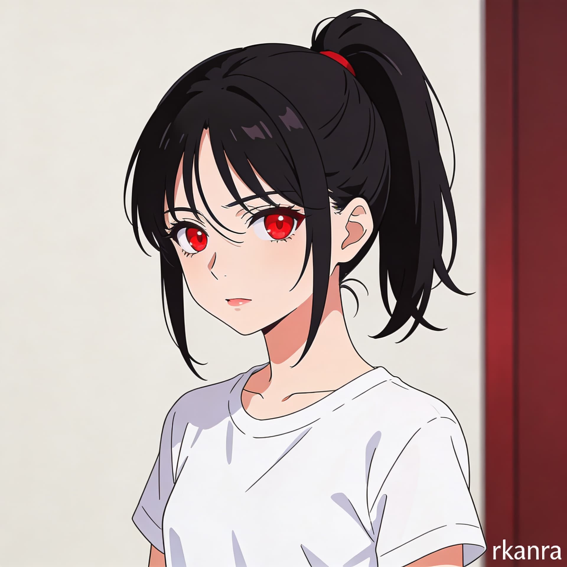 AI generated: "rkanra" "black hair, high ponytail, hair between eyes, red eyes"