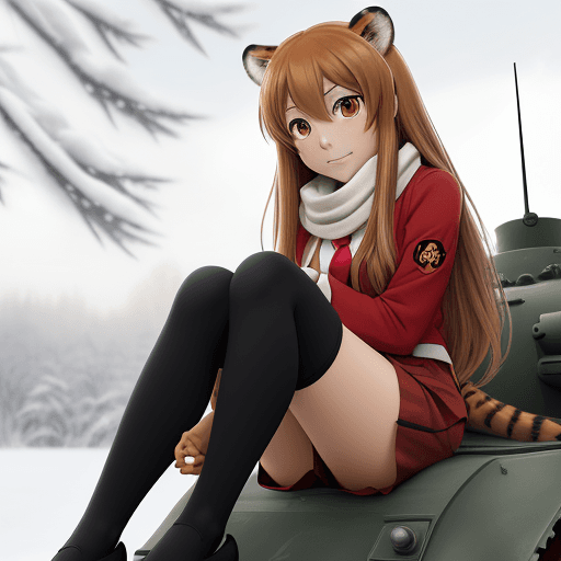 AI generated: toradora, taiga aisaka, anime, sit on tank, winter red school uniform, hand holding head, high detai...