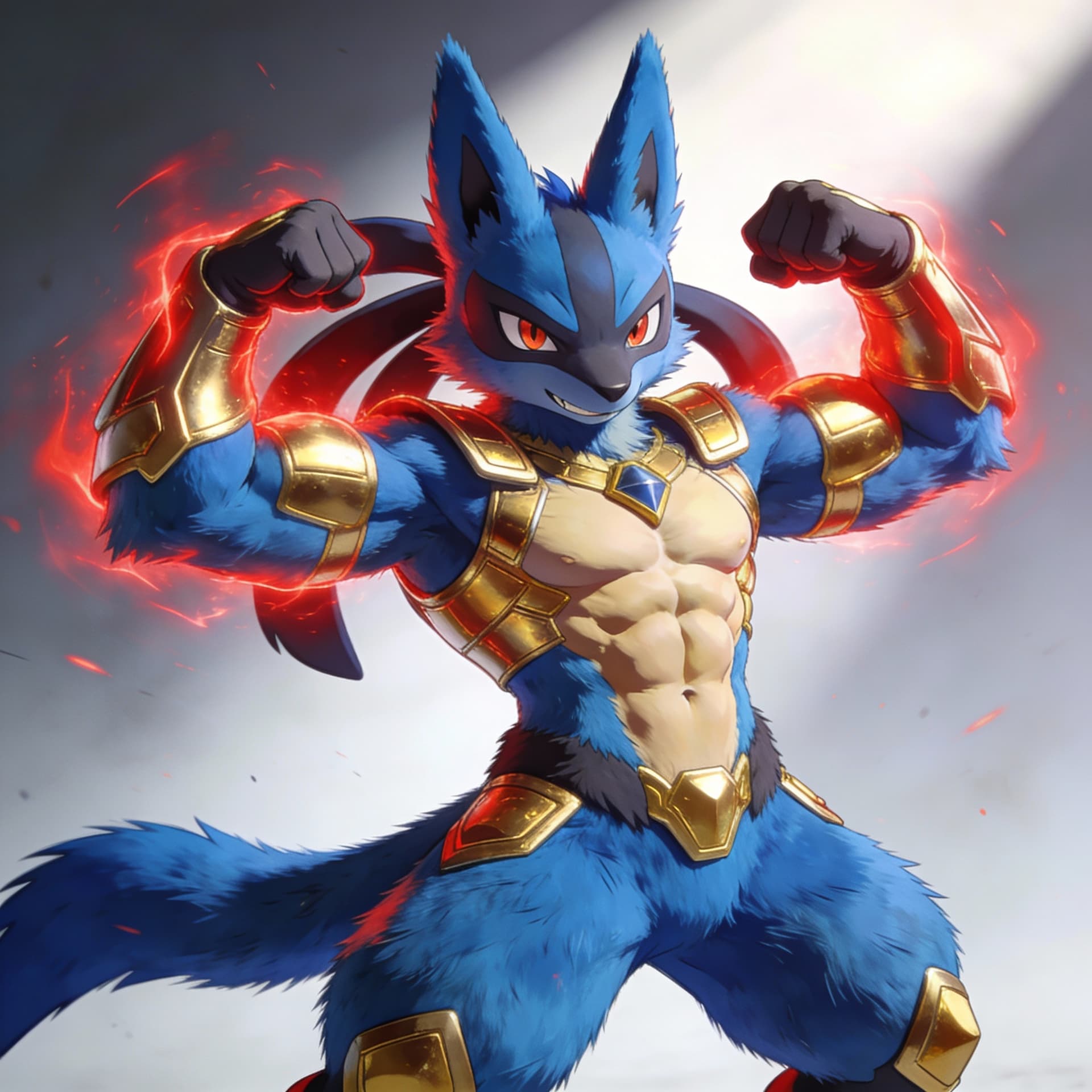 AI generated: Furry, Lucario, muscular, abs, flexing

