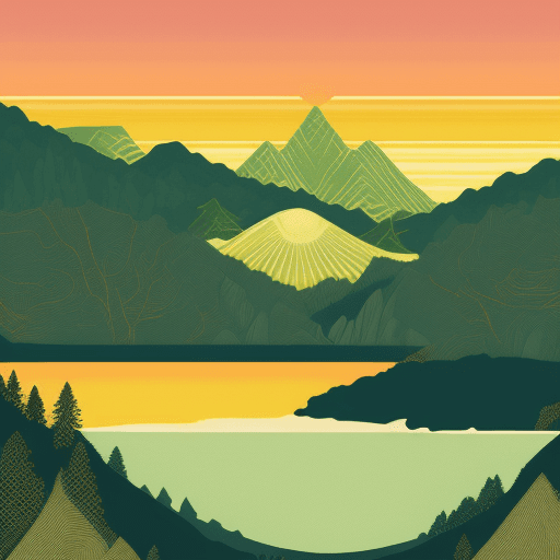 AI generated: Retro Sunset, Mountain Lake scene, green, gold, illustration, inspired by James Jean