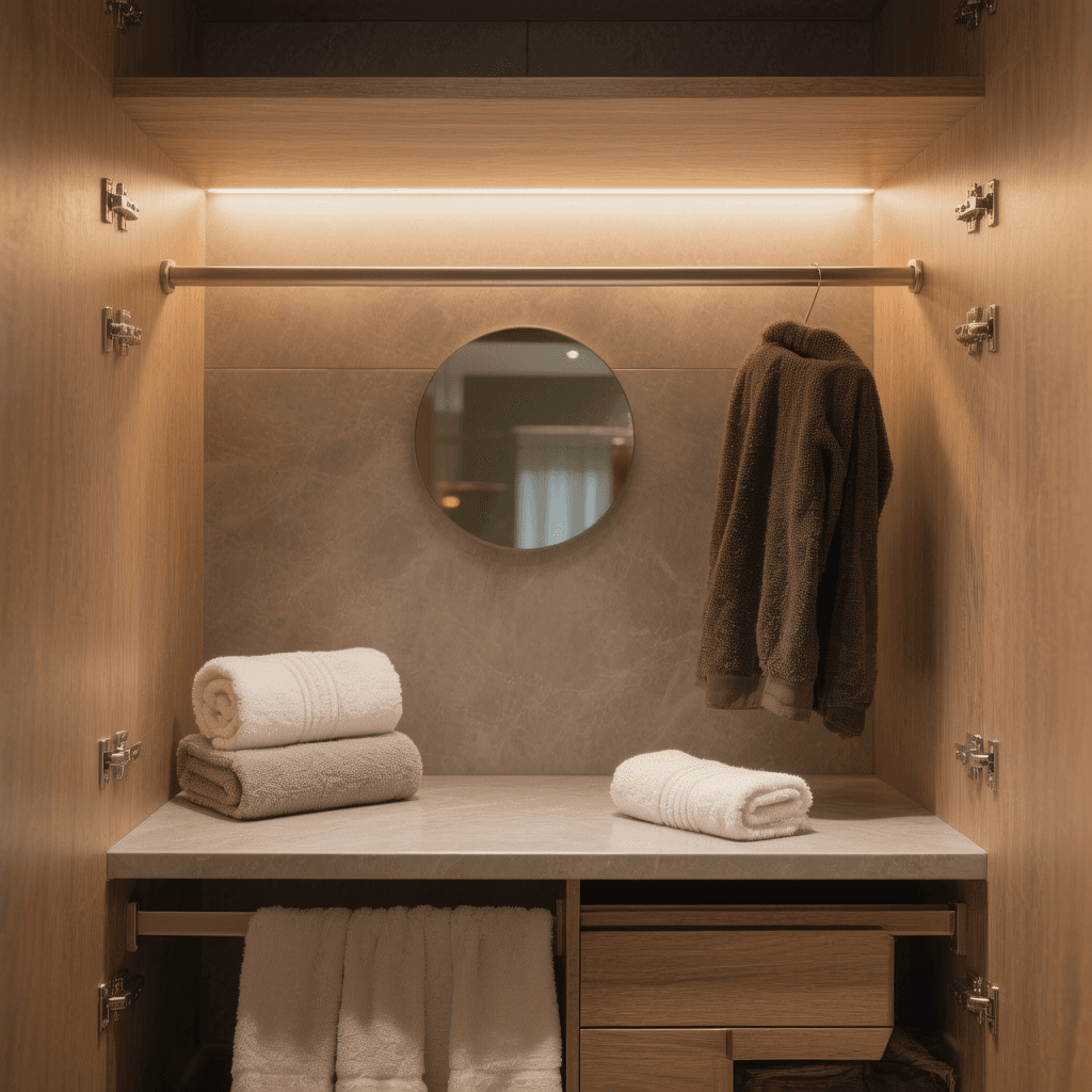 AI generated: Take a picture of towels in a modern cupboard. Make it cozy.