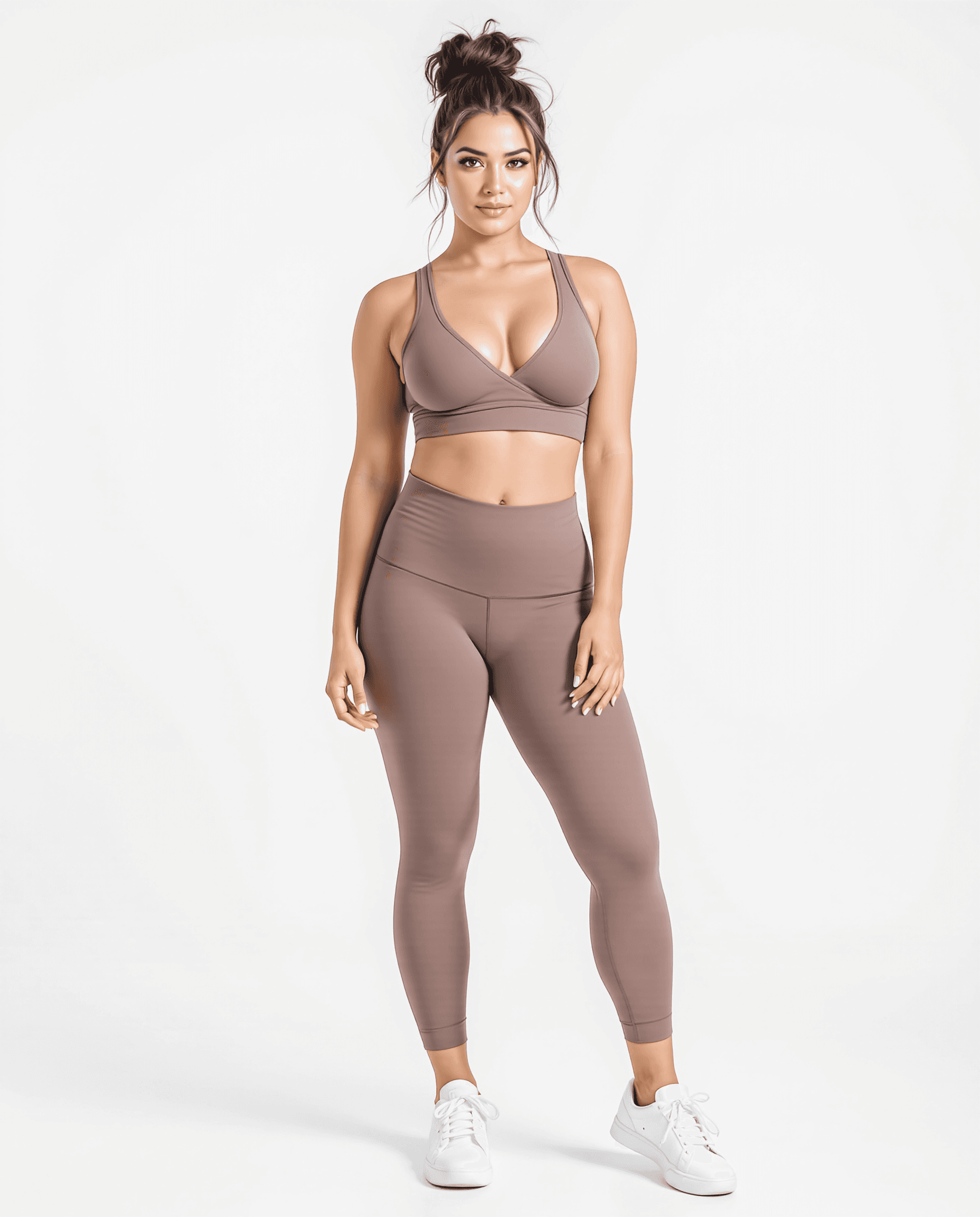 AI generated: A hyper-realistic, ultra-detailed full-body image of a stunning brunette woman standing at 175 cm (5...