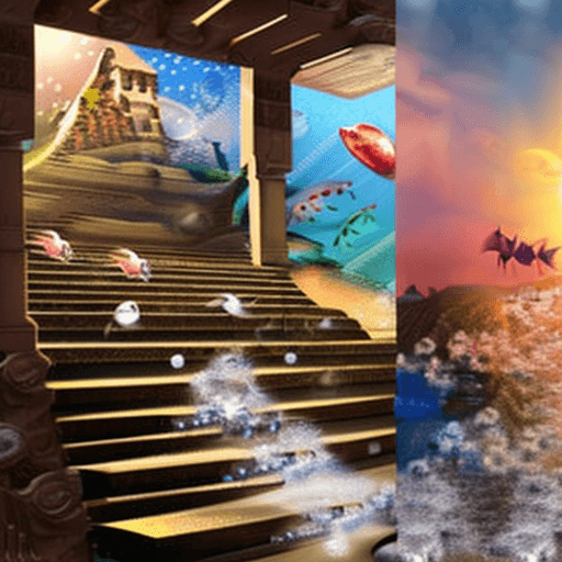 AI generated: photo realistic under the sea, megaliths, pyramids, fish of all kinds and colors swimming, dark squa...