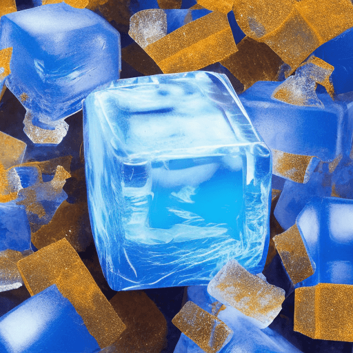 AI generated: blue ice cube with melt golden letters G and P inside