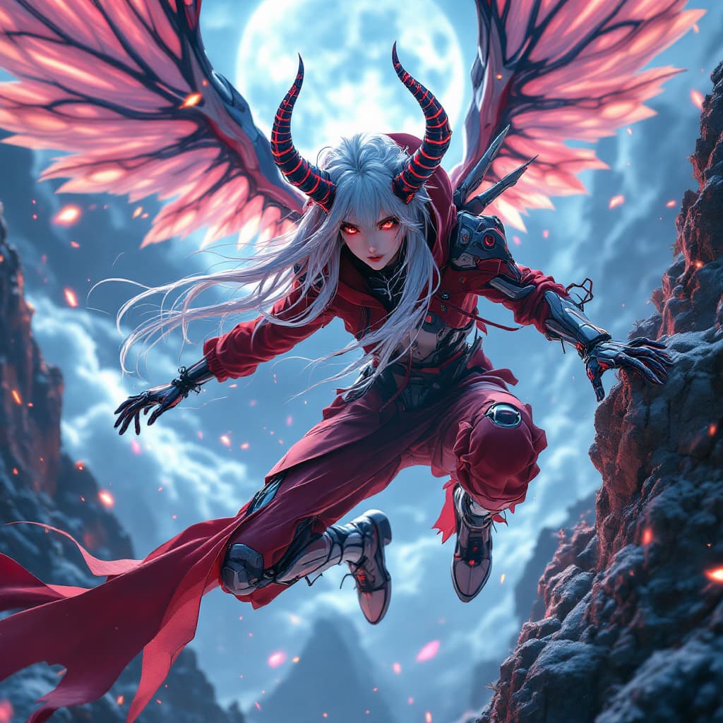 AI generated: Makoto Shinkai styled anime, adult woman, transforming into Evangelion Demonic Demon inspired mecha,...