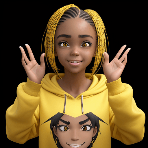 AI generated: cheerful young girl in a yellow sweatshirt, happy face expressing confusion with frowned eyebrows, h...