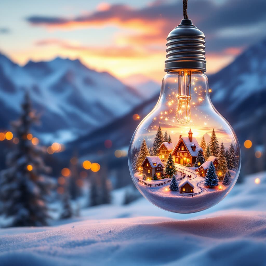 AI generated: Create a captivating image of a clear light bulb hanging in the foreground, with a beautifully detai...