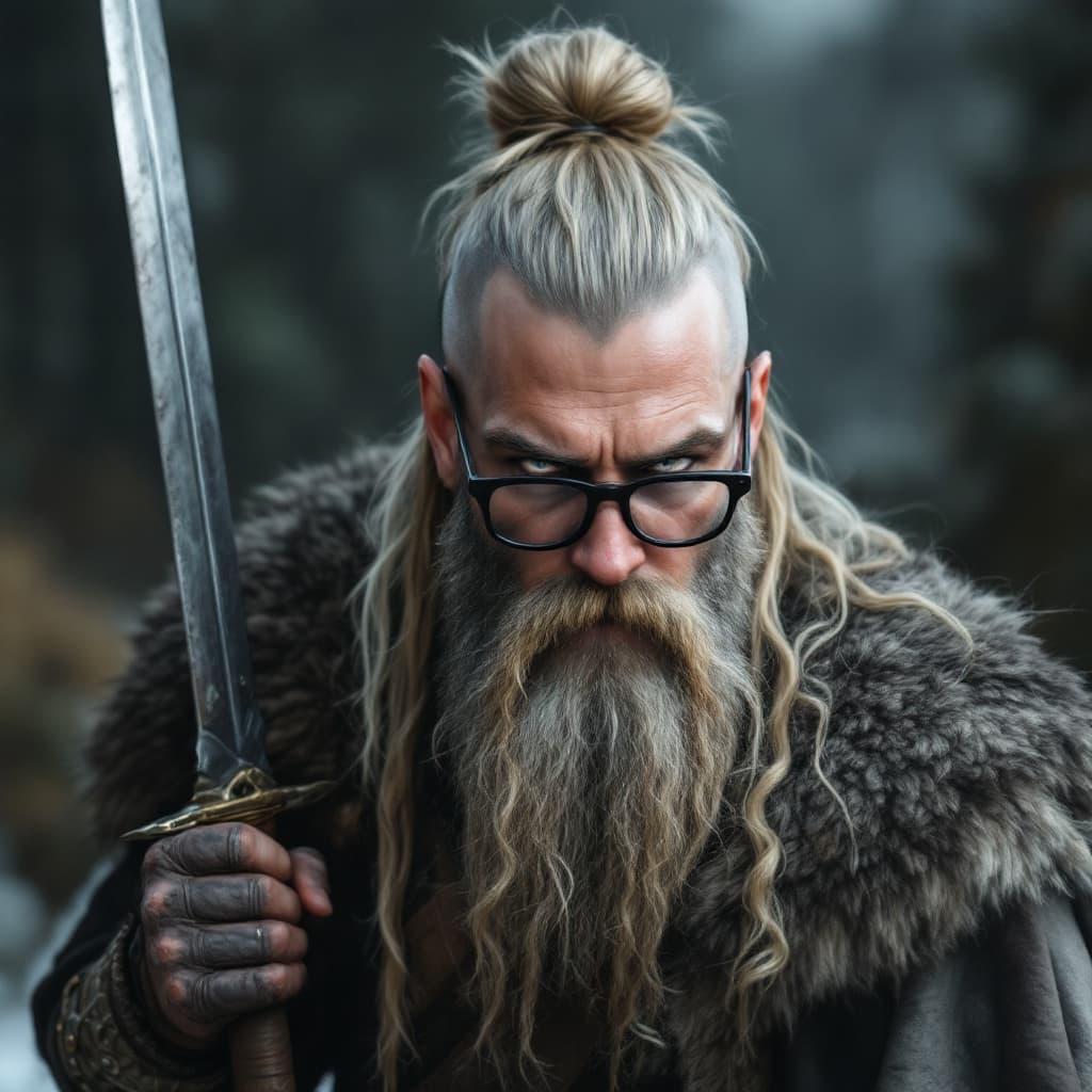 AI generated: Photo of a ultra realistic Viking with sword and axe, long hair gathered in a bun, ash blond hair, l...