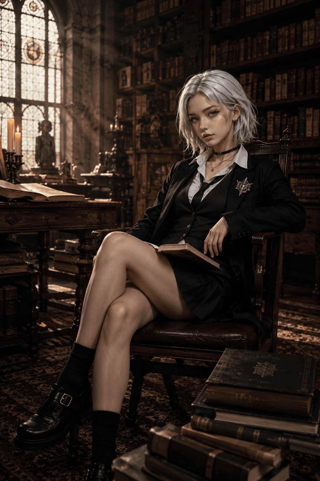 AI generated: Ultra-realistic editorial photography of the subject sitting inside an enormous vintage library fill...