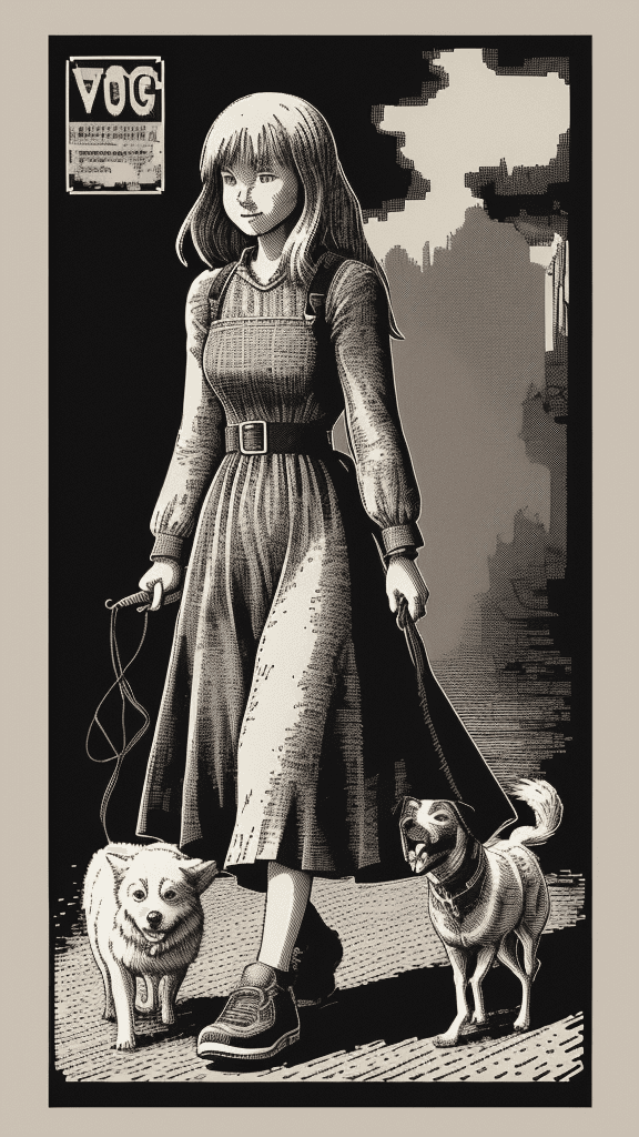 AI generated: mono pixelated poster, signed "amf101fma", a digital woodblock illustration of a girl walking a dog,...