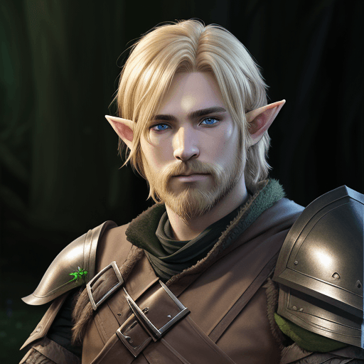 AI generated: Half-Elf male from D&D, shaggy blonde hair, bearded, ranger, black and green leather armor, uplight,...