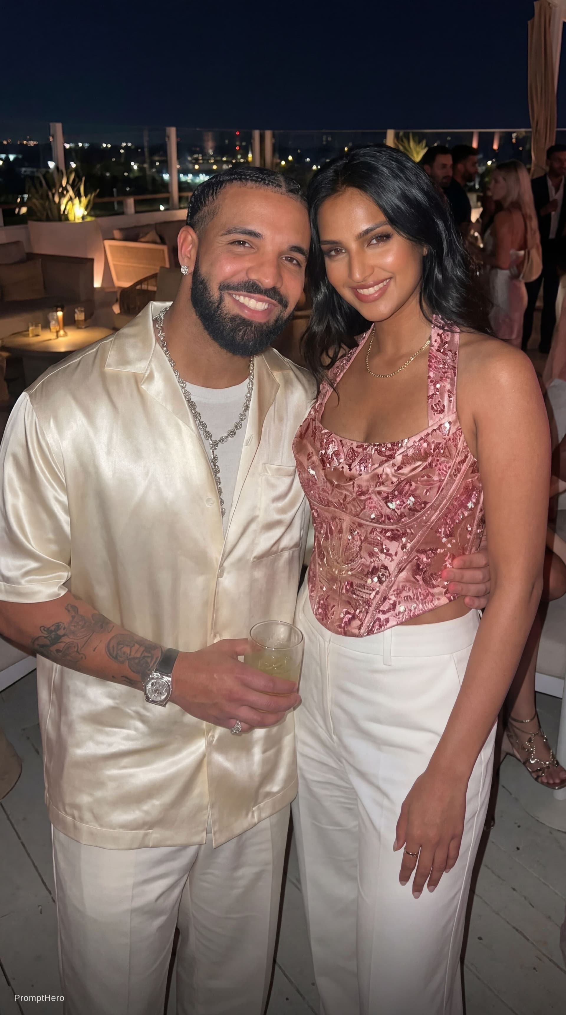AI generated: Ultra-realistic lifestyle photo of a stylish couple at a luxury rooftop night party, STRICT face ide...